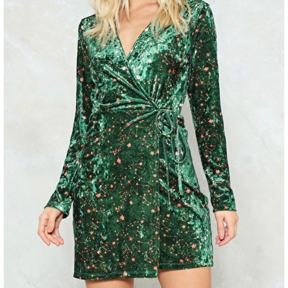 Green Pluto Drive Velvet Wrap Dress